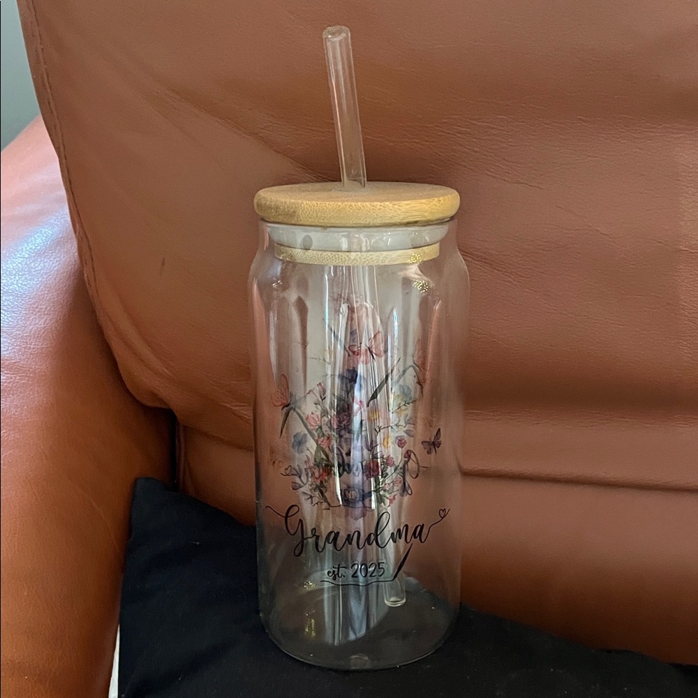Floral Glass Tumbler with Straw